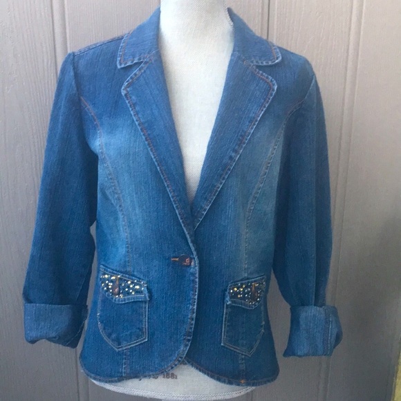 Denim jean vintage RL look Jacket button fitted glam blue boho - Picture 4 of 13